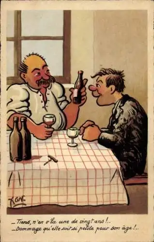 Künstler Ak Betrunkene am Tisch, Weinflasche, Weingläser, Rote Nase