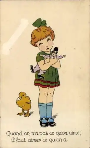 Ak Mädchen mit Puppe, Portrait, Küken