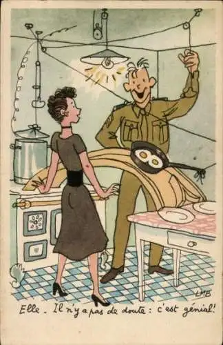 Künstler Ak Soldat und Frau in der Küche, Pfanne, Spiegelei
