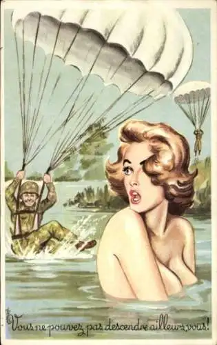 Künstler Ak Fallschirmspringer landen in einem Teich, badende Frau