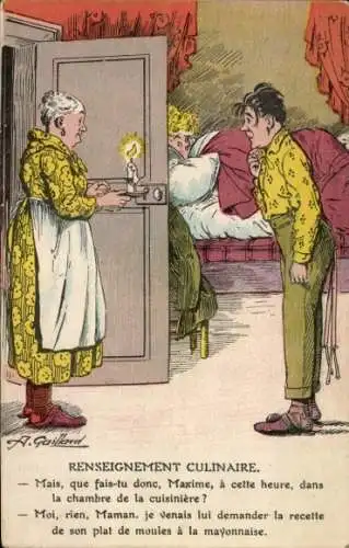 Künstler Ak Gaillard, Ehepaar, Alte Dame an der Tür, Kerze