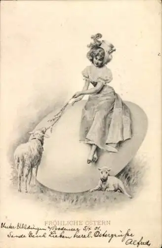 Litho Glückwunsch Ostern, Junge Frau, Osterei, Lämmer