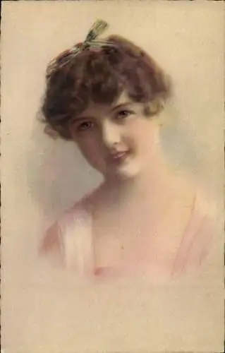 Ak Gemaltes Portrait einer Frau mit braunen Haaren, Schleife