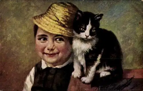 Künstler Ak Gerstenhauer,Junge mit Strohhut und schwarz weißer Katze