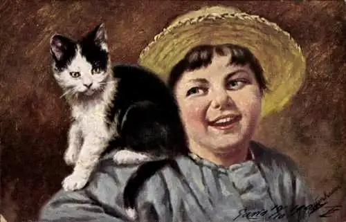 Künstler Ak Gerstenhauer, Junge mit einer Katze auf der Schulter