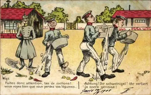 Künstler Ak Willy, Deutsche Soldaten tragen Kochtöpfe