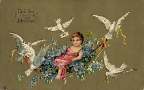 Präge Ak Glückwunsch Geburtstag, Tauben tragen Kind in einer Hängematte, Vergissmeinnichtblüten