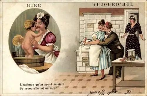 Ak Frau wäscht ein Kleinkind, Mann umarmt die Köchin