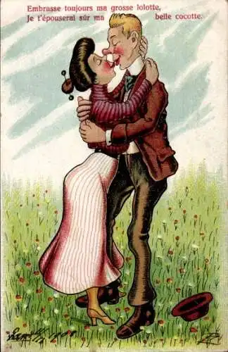 Künstler Ak Küssendes Liebespaar auf einer Wiese