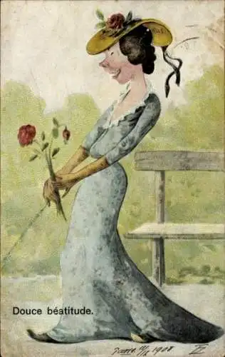 Künstler Ak Süße Glückseligkeit, Karikatur einer Frau