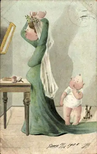 Künstler Ak Karikatur einer Frau mit Brautschleier, Baby