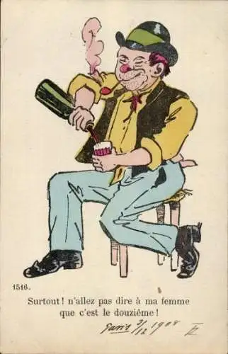 Künstler Ak Betrunkener Mann mit Pfeife und Weinflasche