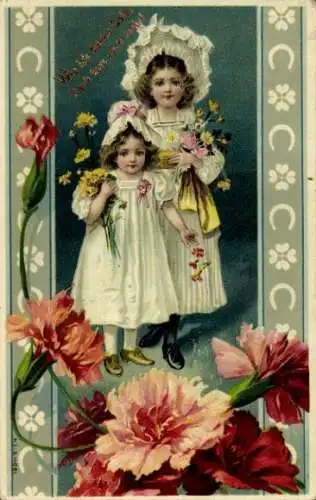 Litho Zwei Mädchen mit Blumen, Nelken