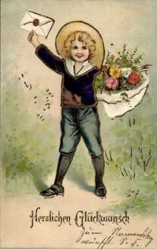 Ak Glückwunsch Geburtstag, Junge mit Blumenstrauß