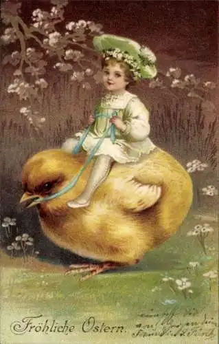 Ak Glückwunsch Ostern, Kind reitet auf einem Küken