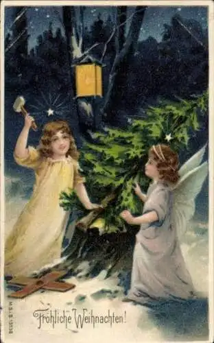 Präge Ak Glückwunsch Weihnachten, Zwei Engel mit einer Tanne im Wald, Laterne, Hammer