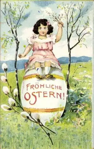 Ak Glückwunsch Ostern, Kleines Mädchen, Riesiges Osterei, Weidenkätzchen