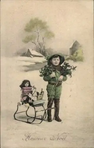 Ak Glückwunsch Weihnachten, Junge mit einem Schlitten, Puppe
