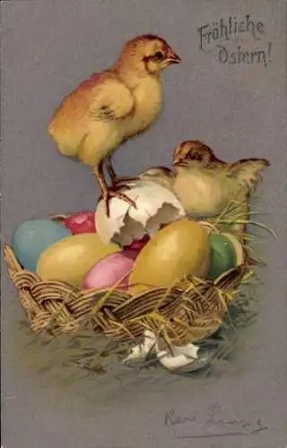Ak Glückwunsch Ostern, Nest mit Ostereiern und Küken