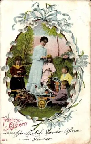 Ak Glückwunsch Ostern, Frau mit Kindern, Hasen ziehen einen Karren, Weidenkätzchen