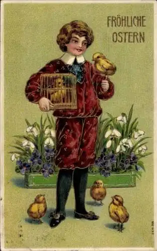 Präge Litho Glückwunsch Ostern, Junge mit Küken, Vogelkäfig, Blumen