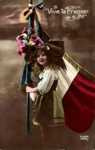 Ak Mädchen in Elsässer Volkstracht mit französischer Fahne