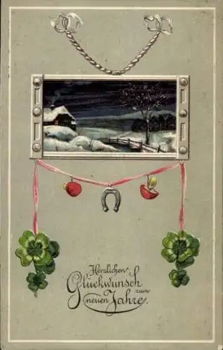 Präge Litho Glückwunsch Neujahr, Winterlandschaft, Hufeisen, Kleeblätter