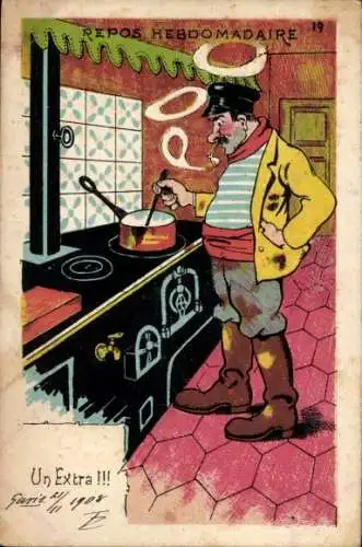 Künstler Ak Mann mit Pfeife beim Kochen