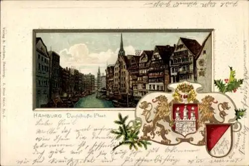 Präge Passepartout Litho Hamburg, Deichstraße Fleet, goldenes Wappen