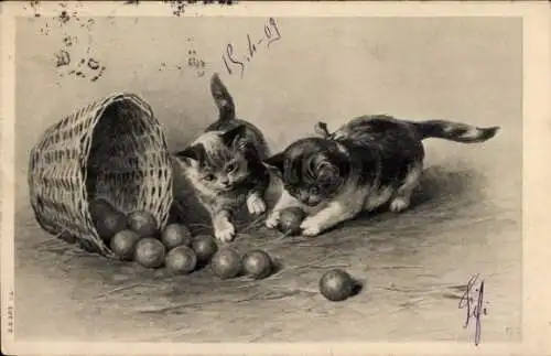 Künstler Ak Zwei Katzen spielen mit Äpfeln aus einem Korb