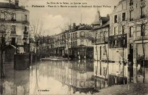 Ak Puteaux Hauts de Seine, Die Flut der Seine, Januar 1910, Place de la Mairie, Boulevard