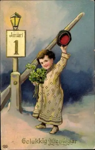 Ak Glückwunsch Neujahr, Kalenderblatt, Bahnübergang, Junge mit Klee