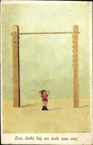 Künstler Ak Kleines Kind vor einem hohen Barren