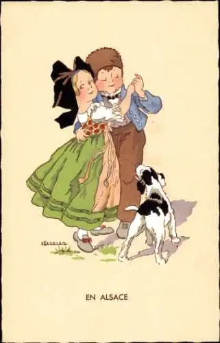 Künstler Ak Tanzendes Paar in Trachten aus dem Elsass