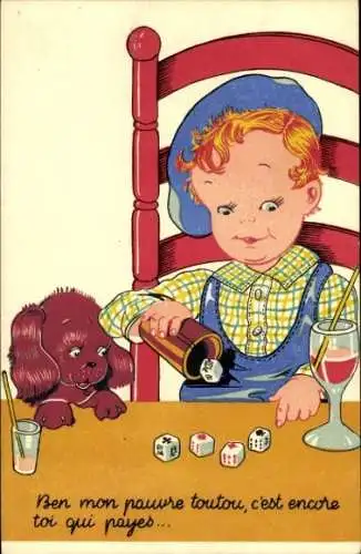 Ak Junge mit Würfeln, Würfelbecher, Hund