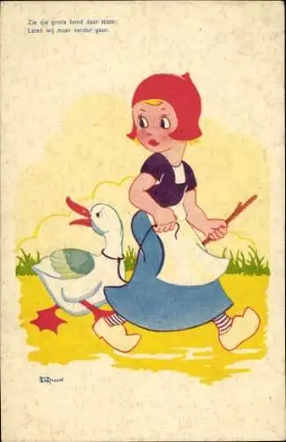 Künstler Ak Mädchen mit einer Gans an der Leine
