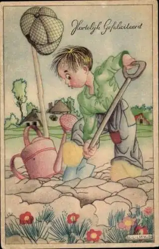 Künstler Ak Links, Karel L., Glückwunsch, Junge bei der Gartenarbeit, Spaten, Gießkanne
