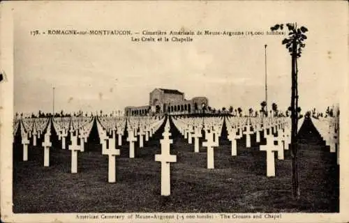 Ak Romagne sous Montfaucon Lothringen Meuse, amerikanischer Soldatenfriedhof