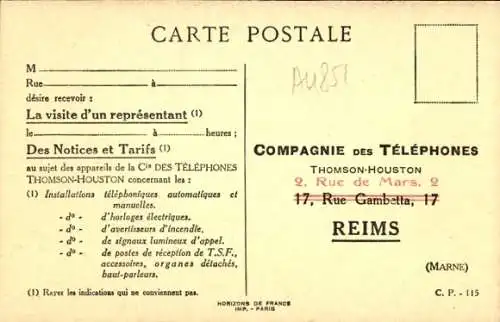 Ak Reims Marne, T.S.F. et Telephonie, documentation interessante, Cie des Telephones Thomson-Houston