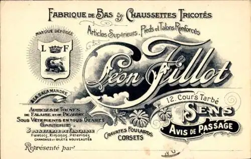 Ak Sens Yonne, Reklame, Fabrique de Bas et Chaussettes Tricotes Leon Fillot, Cours Tarbe