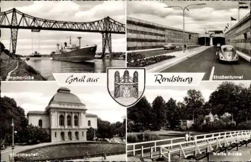 Ak Rendsburg in Schleswig Holstein, Hochbrücke, Stadttheater, Straßentunnel, Weiße Brücke