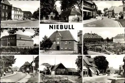 Ak Niebüll in Nordfriesland, Bahnhof, Kirche, Kreisberufsschule, Hauptstraße, Rathaus,Jugendherberge