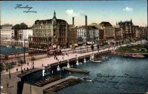 Ak Hamburg Mitte Neustadt, Jungfernstieg, Boote, Straßenbahn