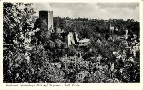 Ak Sonnenberg Wiesbaden in Hessen, Burgruine, katholische Kirche