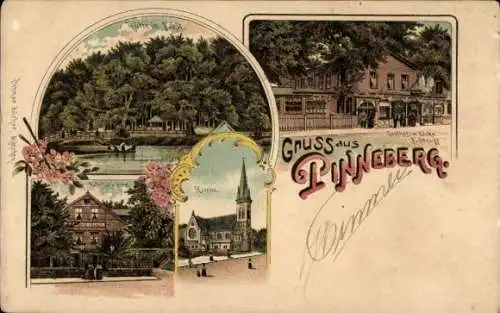 Litho Pinneberg in Schleswig Holstein, Hütte im Fahlt, Kirche, Bahnhofshotel, Gasthof zur Eiche
