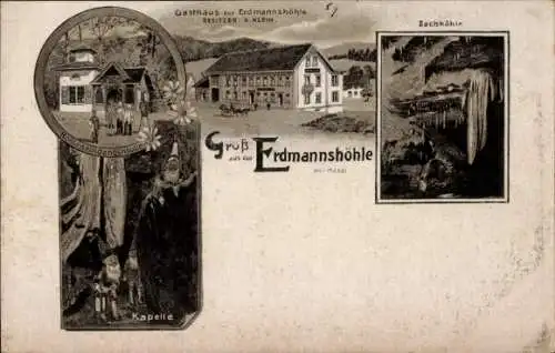 Litho Hasel in Baden, Gasthaus zur Erdmannshöhle, Bachhöhle, Kapelle