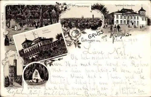 Litho Göttingen Niedersachsen, Rohns, Gasthaus von der Chaussee, Merkel Denkmal, Bismarckturm