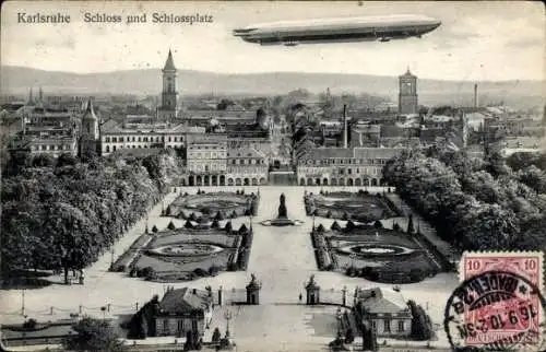 Ak Karlsruhe in Baden, Schloss, Schlossplatz, Zeppelin