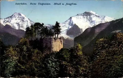 Ak Interlaken Kanton Bern Schweiz, Ruine Unspunnen, Mönch, Jungfrau