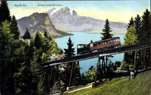Ak Vitznau Kanton Luzern, Rigibahn, Schnurtobelbrücke, Blick nach Pilatus